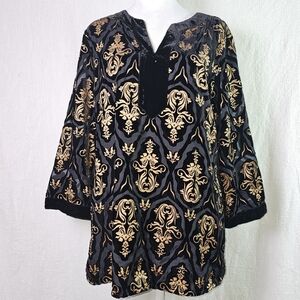 Reba Womens Tunic Sz L Burnout Velvet Black Gold Semi Sheer Western Boho